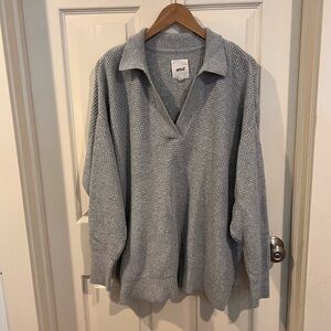 aerie Light Gray Collared V-Neck Waffle Knit Sweater